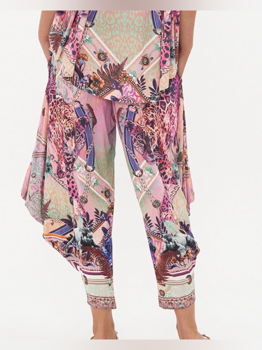 $399 CAMILLA Kitty Cat Club Elastic Back Waist Harem Pants! Sz L